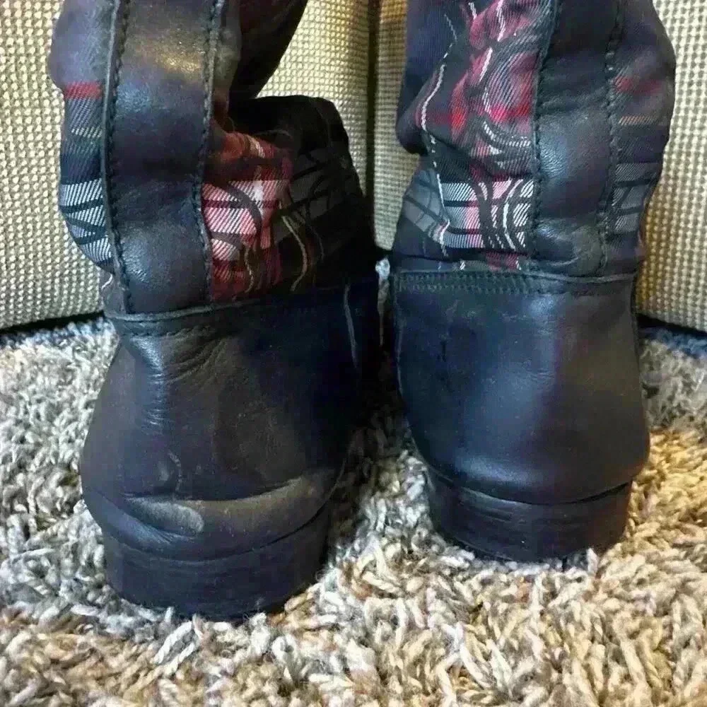 COACH CHRISSI BLACK LEATHER WITH MONOGRAM LOGO PLAID EQUESTRIAN BOOTS SIZE 8.5